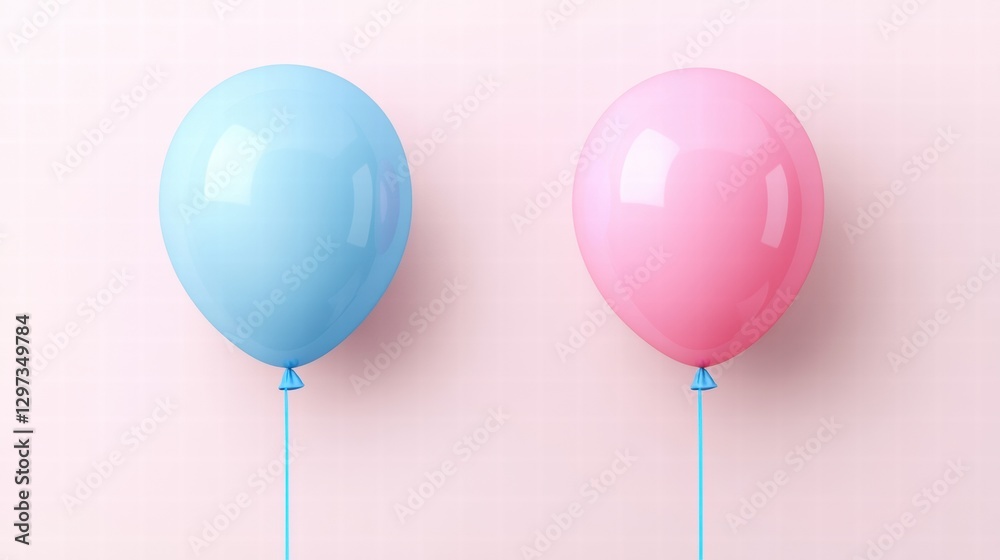 Poster colorful blue and pink balloons floating against a soft pastel background in a festive decor setting