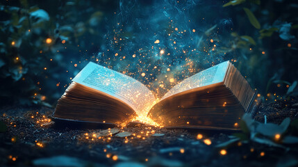 Enchanting open book with magical sparks forest clearing fantasy imagery natural setting close-up imagination unleashed