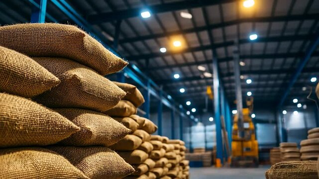 Stacked burlap sacks in industrial warehouse