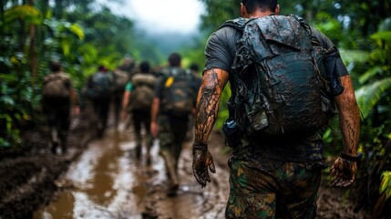 A gritty depiction of soldiers traversing challenging terrain in a jungle environment, highlighting themes of bravery, perseverance, and the realities faced during military operations.