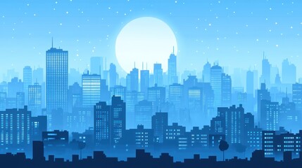 Night city skyline, moonlit, urban scene, illustration