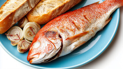 Red Fish on Blue Plate with Baguette
