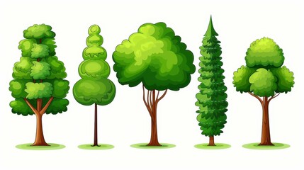 A vibrant collection of green trees, showcasing various shapes and sizes, all set against a clean white backdrop.