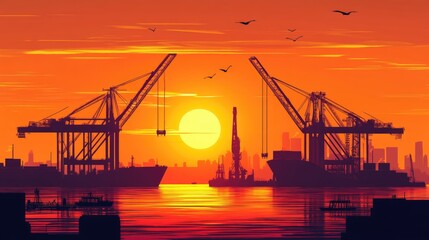 Obraz premium Sunset Silhouette of Harbor Cranes and Cargo Ships