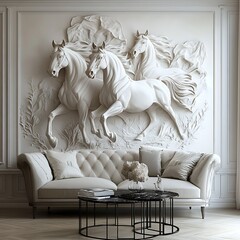 An elegant wall decoration showing horses in mid-gallop, carved in relief on a pristine white wall