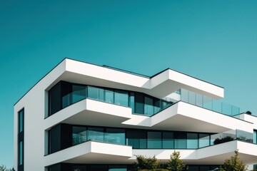 White modern apartment building with black window frames, surrounded by green grass and trees A wide-angle shot of an apartment complex in Germany Generative AI