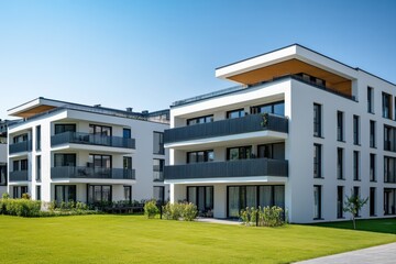 Modern apartment building with white walls and black windows, located in the countryside of Germany Generative AI