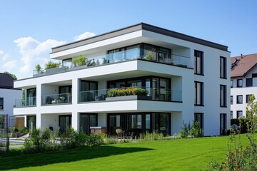 Fototapeta premium A new apartment building in Germany, white with black accents, features a flat roof terrace, large windows, and a balcony Generative AI