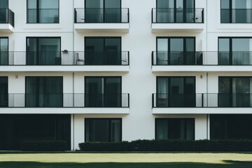 A white apartment building with black windows and balconies, located in Germany The buildings have large terraces on the first floor Generative AI