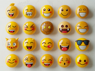Various happy emoji faces on a white background in rows and columns, ranging from simple smiley faces to detailed expressions like winking or hugging hands.