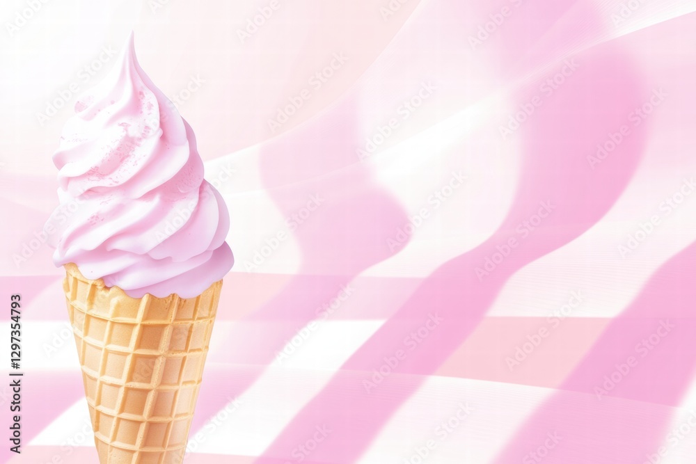 Poster delicious soft serve ice cream cone with pink swirls against a pastel background. generative ai