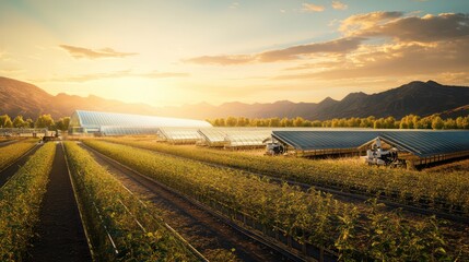 Obraz premium A regional farm using solar power for robots that monitor crops, harvest produce, and optimize growth, ensuring sustainable food production.