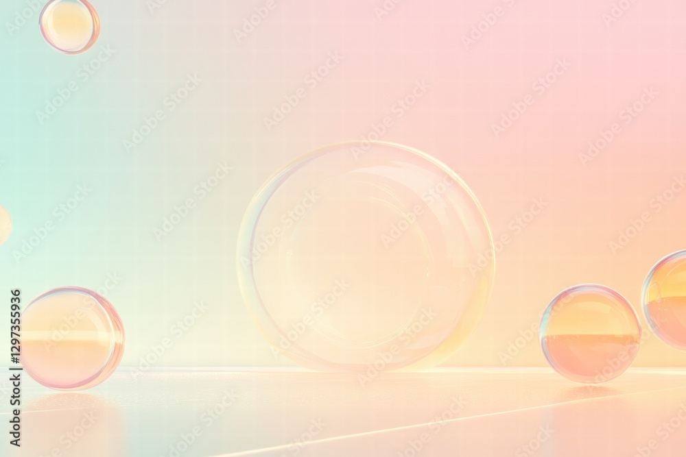 Poster Soft pastel bubbles float gently in light, creating a serene and whimsical atmosphere during a bright afternoon. Generative AI