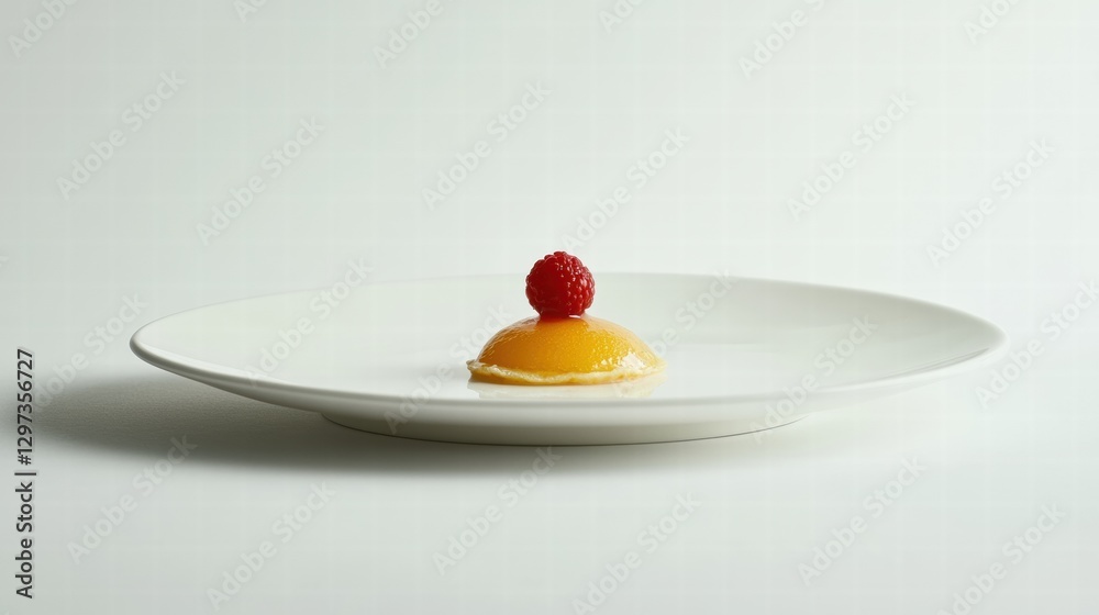 Poster Elegant dessert with raspberry on top served on a white plate in a minimalist setting indoors. Generative AI