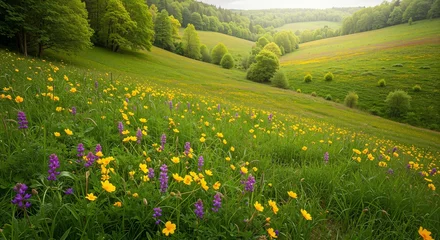 Vibrant meadow filled with colorful wildflowers showcasing nature's beauty in a serene landscape with rolling hills and lush greenery