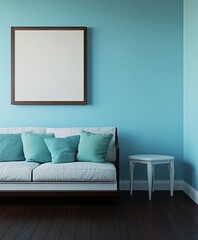 Teal wall living room mockup with white sofa and empty frame
