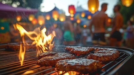 Hamburgers grilling outdoors at festival