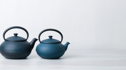 Two teal and black cast iron tea kettles on white wood