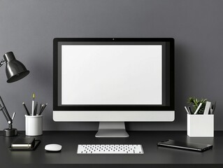 Modern Workspace with Computer Display, Dark Gray Background