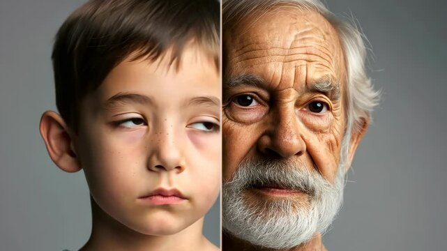 Illustration of a face split in half, one side a young boy and the other an old man, symbolizing the passage of time and aging.