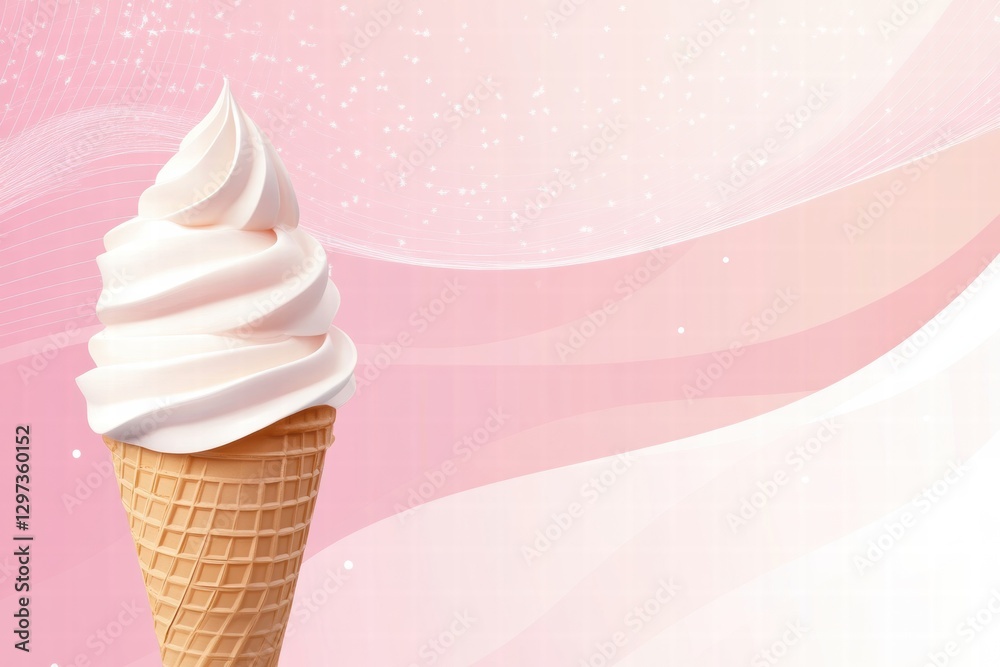 Poster Soft serve ice cream cone with swirls of creamy vanilla flavor against a soft pink background. Generative AI