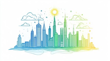 Obraz premium Colorful line art cityscape, urban skyline, sunrise, abstract illustration, graphic design, print, background, digital art, poster