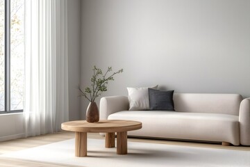 Minimalist living room with soft neutral tones and natural light
