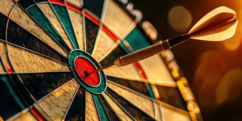 The dart hit the center of the dart target perfectly, symbolizing accuracy, concentration and success. The concept of achieving goals.