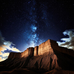 A rocky landscape under a starry sky with the Milky Way reflecting the beauty of night nature and the infinity of space. Natural night landscape concept
