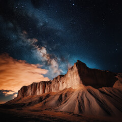 A rocky landscape under a starry sky with the Milky Way reflecting the beauty of night nature and the infinity of space. Natural night landscape concept