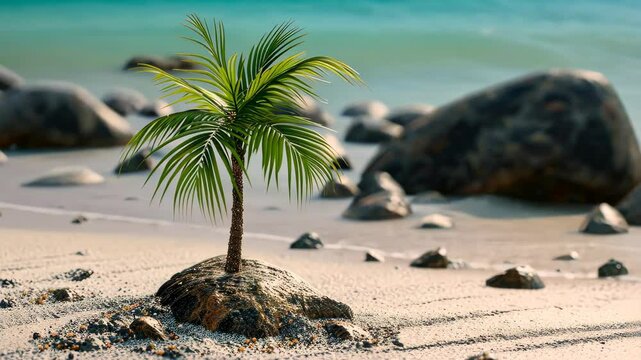 A petite palm tree sways gently on a sandy beach, rocks in the backdrop, Ai Generated