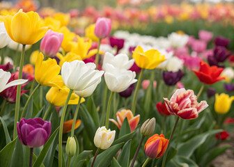 Fototapeta premium Vibrant field of multicolored tulips in full bloom during springtime