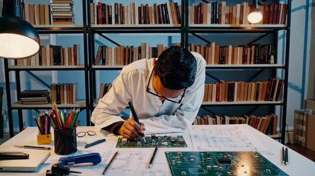 A video captures a focused engineer soldering a circuit board at a desk. Shot from a high angle, the scene is lit warmly, emphasizing a studious atmosphere.