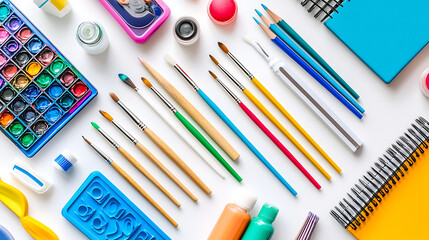Colorful art supplies on white background
