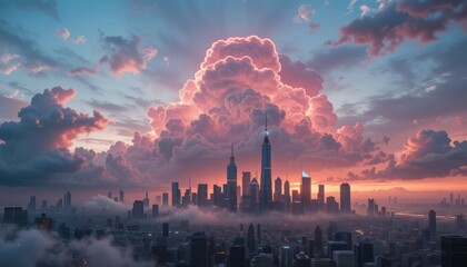 Fototapeta premium stunning digital artwork of a city skyline at sunset, dominated by a massive, vibrant pink cloud formation. perfect for backgrounds, wallpapers, and design projects.