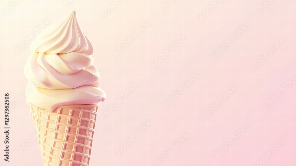 Poster soft serve ice cream cone with creamy swirl against a pastel background. generative ai