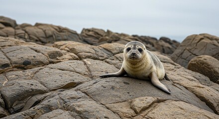 Fototapeta premium Seal resting on rocky shore under overcast sky conveying a calm and serene mood