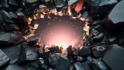 Bright light emerging from a cracked surface of dark stones in a surreal abstract composition during dusk - Powered by Adobe