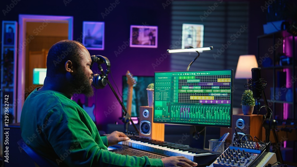 Leinwandbilder music composer plays electronic keyboard piano keys and recording new tracks, creating audio recordi