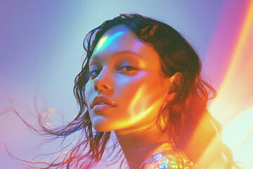 Beautiful model posing with iridescent background and light reflections