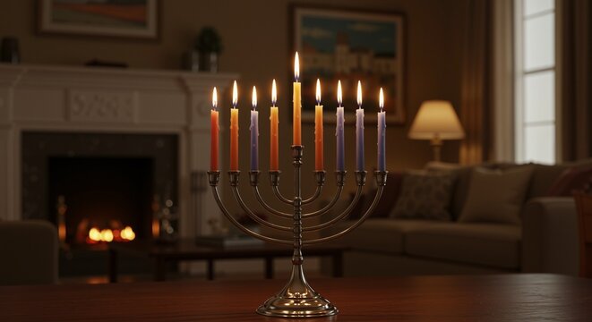 Elegant menorah with colorful candles creating a warm and inviting atmosphere in a cozy living room, surrounded by soft lighting and tasteful decor