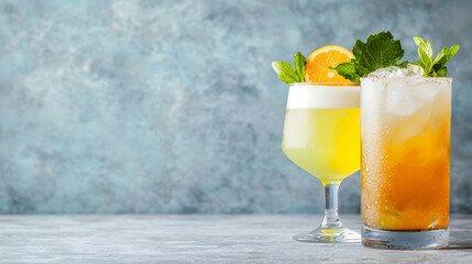 Fototapeta premium Refreshing summer cocktails, citrus garnish, textured background, bar menu