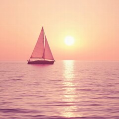 Fototapeta premium Sunset sail on tranquil waters with a pink sky and vibrant sun. Generative AI