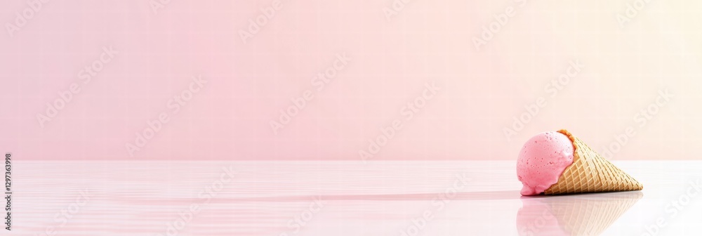 Poster Delicious pink ice cream cone tips over on a glossy surface against a soft pastel background in a bright setting. Generative AI