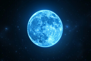 Obraz premium Full moon glowing blue in the dark sky with stars, large in size | Black space background | Surreal and captivating moonlit scene