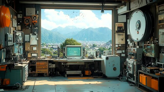 Vintage electronics laboratory with retro computers, analog equipment, and a scenic mountain view through an open window in a nostalgic workspace. Seamless looping 4K time-lapse animation video backgr