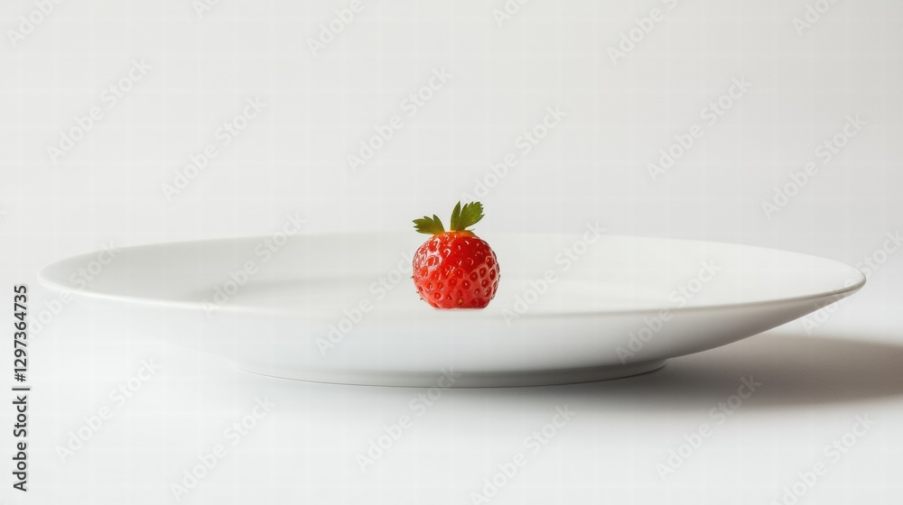 Poster Fresh red strawberry placed elegantly on a white plate with a clean background. Generative AI