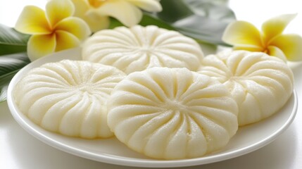 Elegant Kuih Semperit Displayed on a Sleek White Plate with Flowers