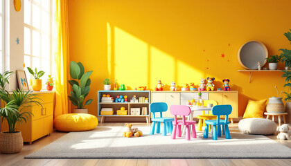 Sunny Yellow Playroom Design with Colorful Kids Furniture