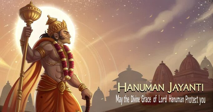 Character of a king with quotes, hanuman jayanti illustration with indian building background